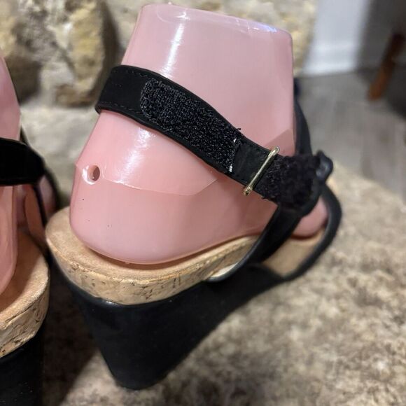 TARYN Rose Black Suede Nubuck T-Trap High Wedge Heels Strappy Bow Sandals W’s 7 - Picture 6 of 8